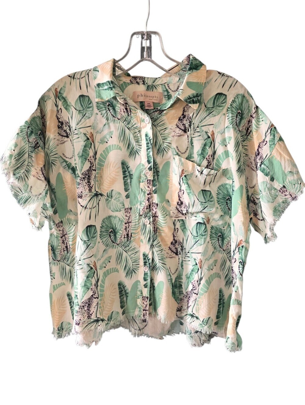 Philosophy Short Sleeve Button-Down Top In Tropical Print Size Medium